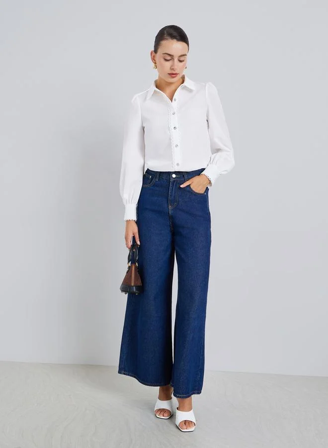 Styli Women Off-White Lace Trim Long Sleeve Shirt